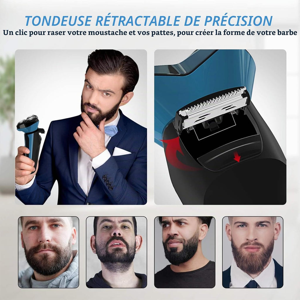 Rasoir Electrique Homme Rechargeable Etanche Wet&Dry Rasoir Electrique 3D Têtes Rotatives Tondeuse Barbe Avec Indicateur De Batterie, Serrure De Voyage