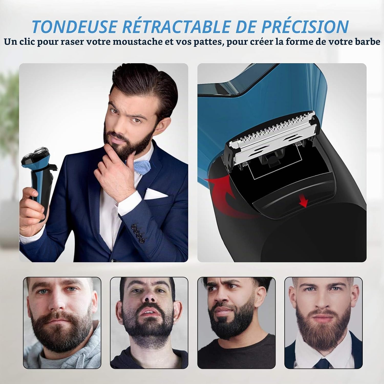 Rasoir Electrique Homme Rechargeable Etanche Wet&Dry Rasoir Electrique 3D Têtes Rotatives Tondeuse Barbe Avec Indicateur De Batterie, Serrure De Voyage