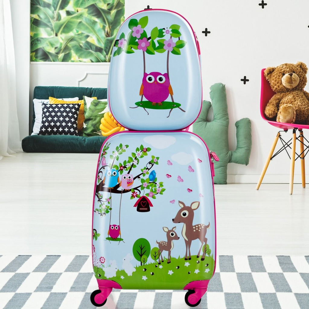 Valise Enfant+ Sac À Dos Bagage Trolley À Roulettes Pour Enfant Couleur Bleu Et Rose