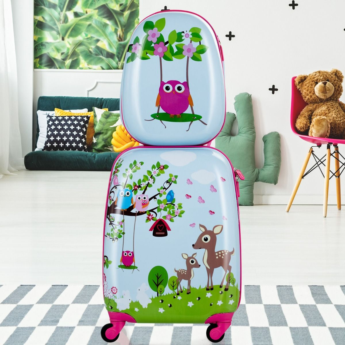 Valise Enfant+ Sac À Dos Bagage Trolley À Roulettes Pour Enfant Couleur Bleu Et Rose