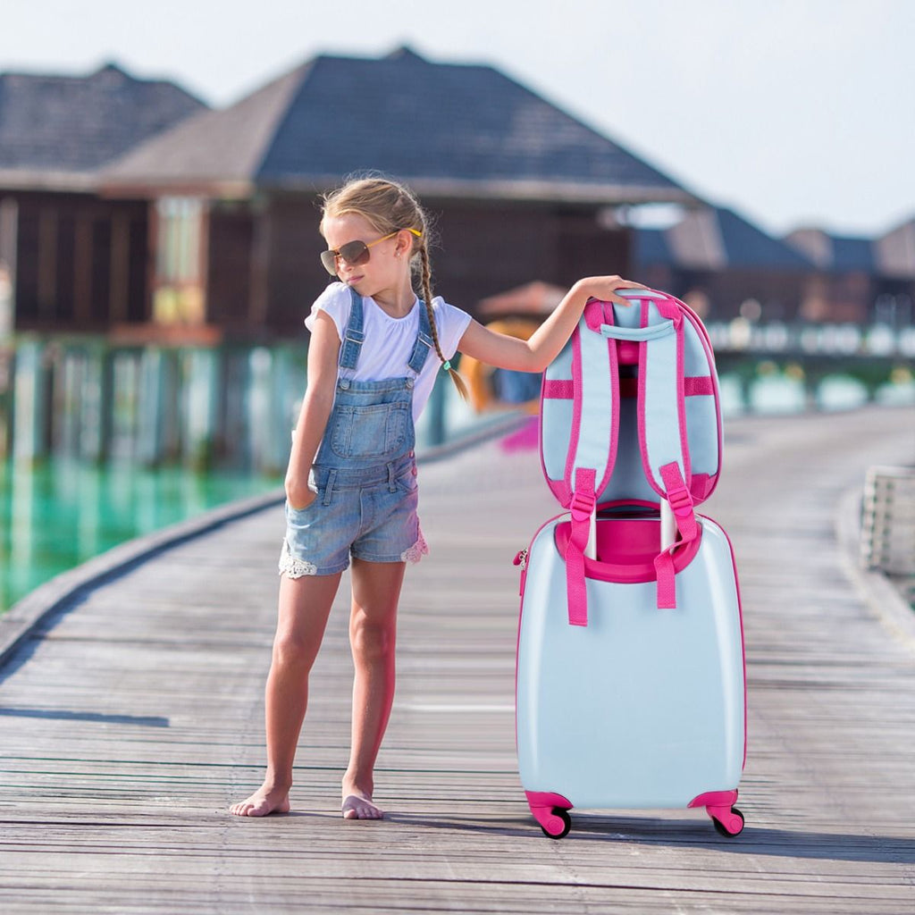 Valise Enfant+ Sac À Dos Bagage Trolley À Roulettes Pour Enfant Couleur Bleu Et Rose