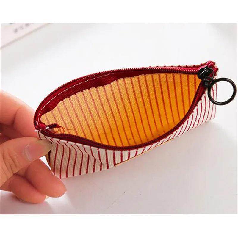 Unisex Canvas Coin Bag Purse Women Stripe Coin Money Card Holder Wallet Case Zipper Key Storage Pouch for Kid Girl Gift