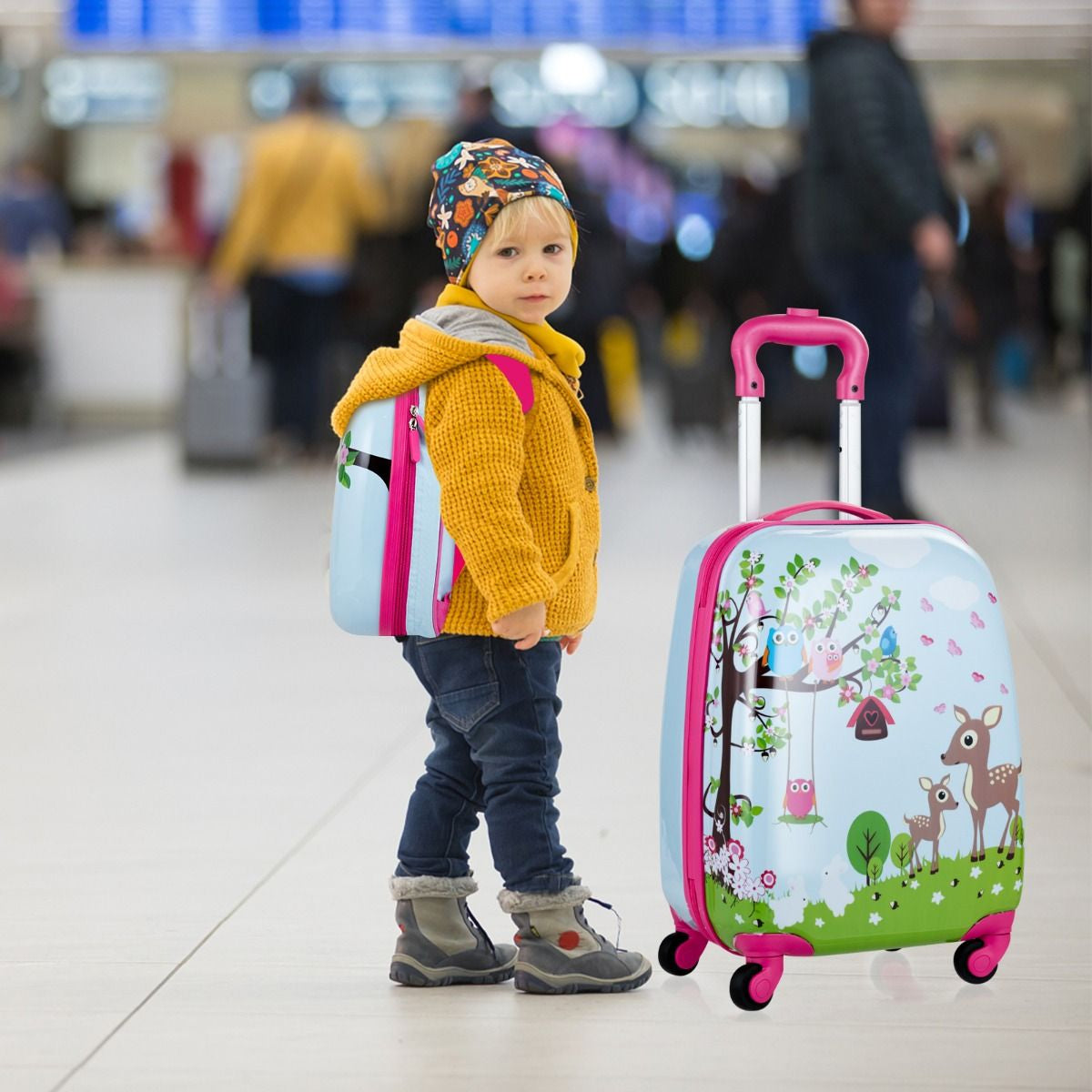 Valise Enfant+ Sac À Dos Bagage Trolley À Roulettes Pour Enfant Couleur Bleu Et Rose