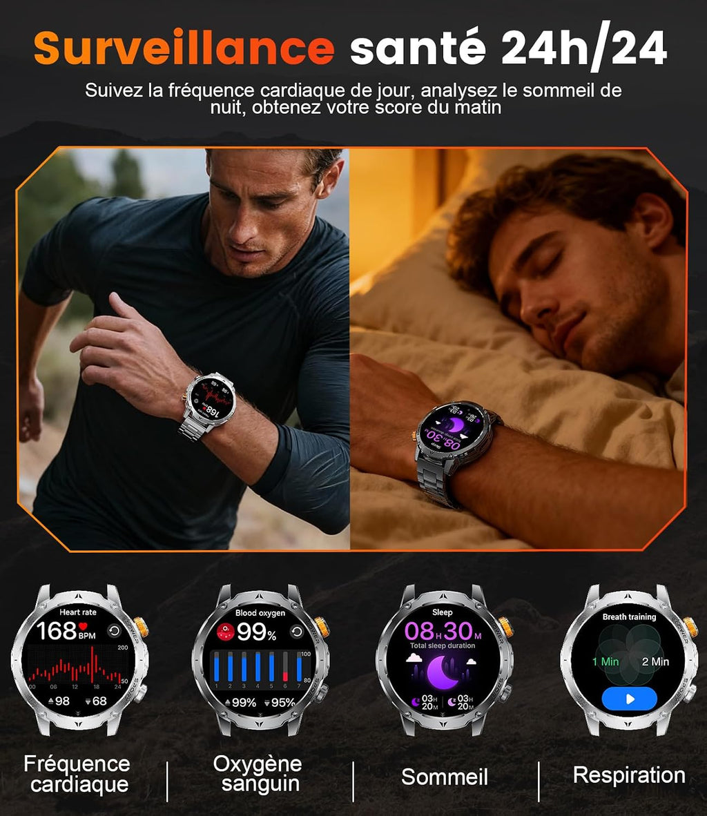 EF24 Montre Connectée Homme Militaire Avec Lampe Torche LED, Écran HD 1,85 Pouce, Batterie 1000Mah, 100 Modes Sportifs, IP68 Étanche, 3 Bracelets, Câble USB Et Type-C, Pour Android Ios (Noir)