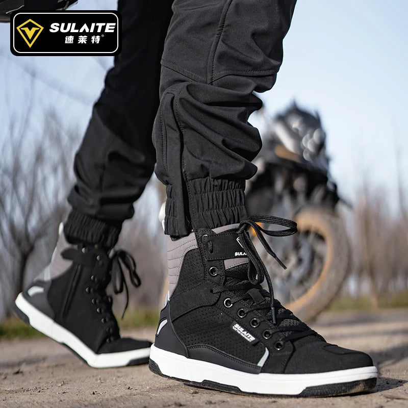 Men Motorcycle Boots Breathable Anti-Fall Rider Road Racing Casual Shoes Boots Gear Shift Rubber Sole Reflective Motorbike Shoes