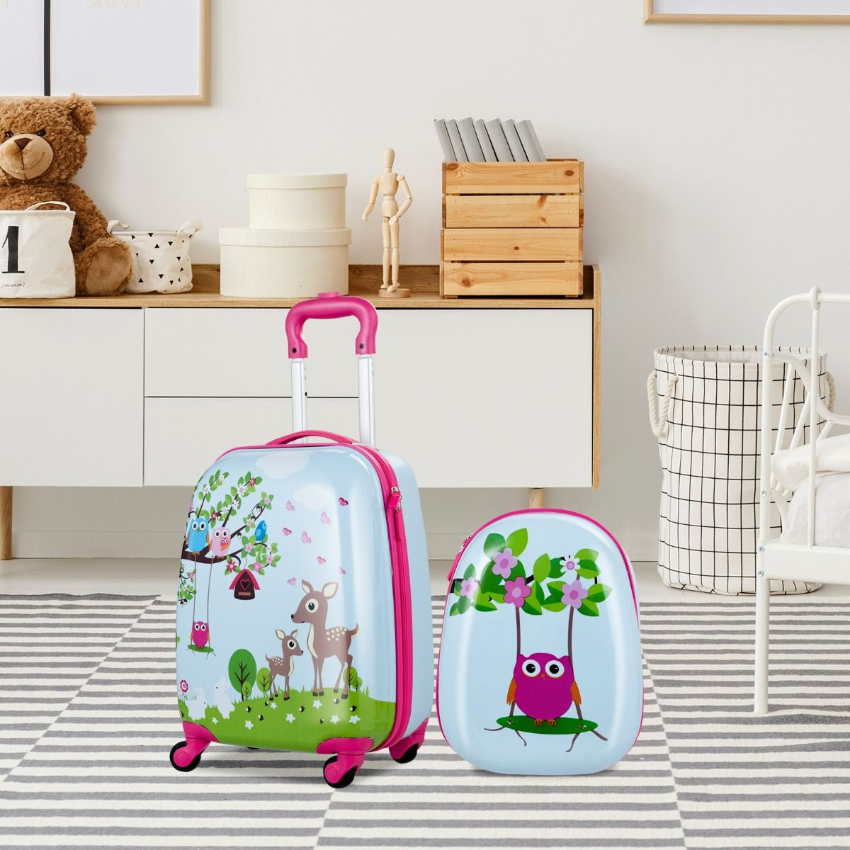 Valise Enfant+ Sac À Dos Bagage Trolley À Roulettes Pour Enfant Couleur Bleu Et Rose