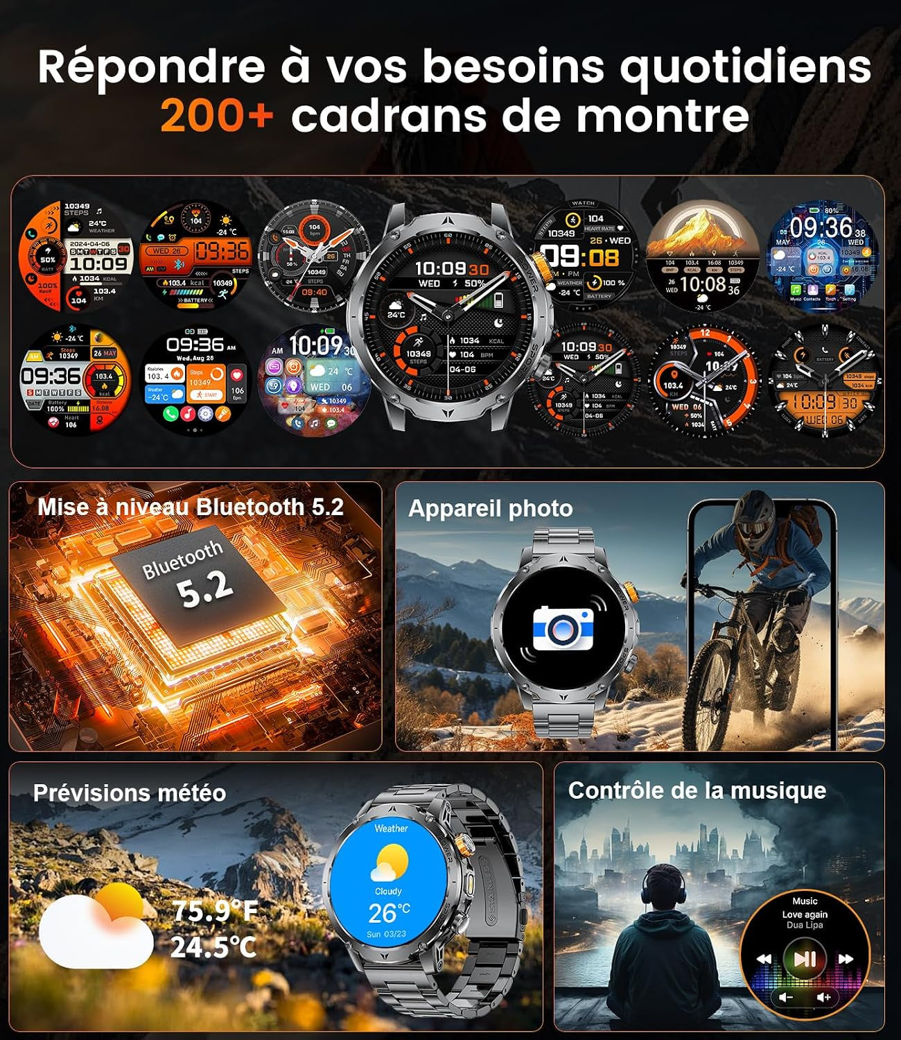 EF24 Montre Connectée Homme Militaire Avec Lampe Torche LED, Écran HD 1,85 Pouce, Batterie 1000Mah, 100 Modes Sportifs, IP68 Étanche, 3 Bracelets, Câble USB Et Type-C, Pour Android Ios (Noir)