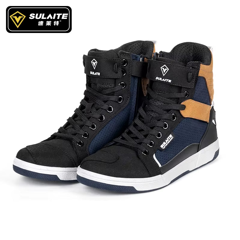 Men Motorcycle Boots Breathable Anti-Fall Rider Road Racing Casual Shoes Boots Gear Shift Rubber Sole Reflective Motorbike Shoes