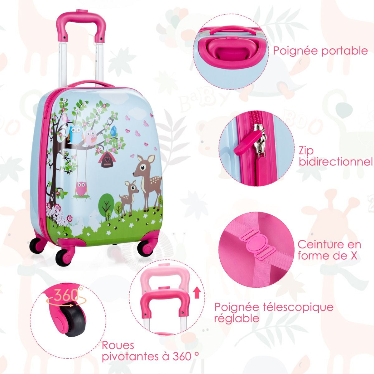 Valise Enfant+ Sac À Dos Bagage Trolley À Roulettes Pour Enfant Couleur Bleu Et Rose
