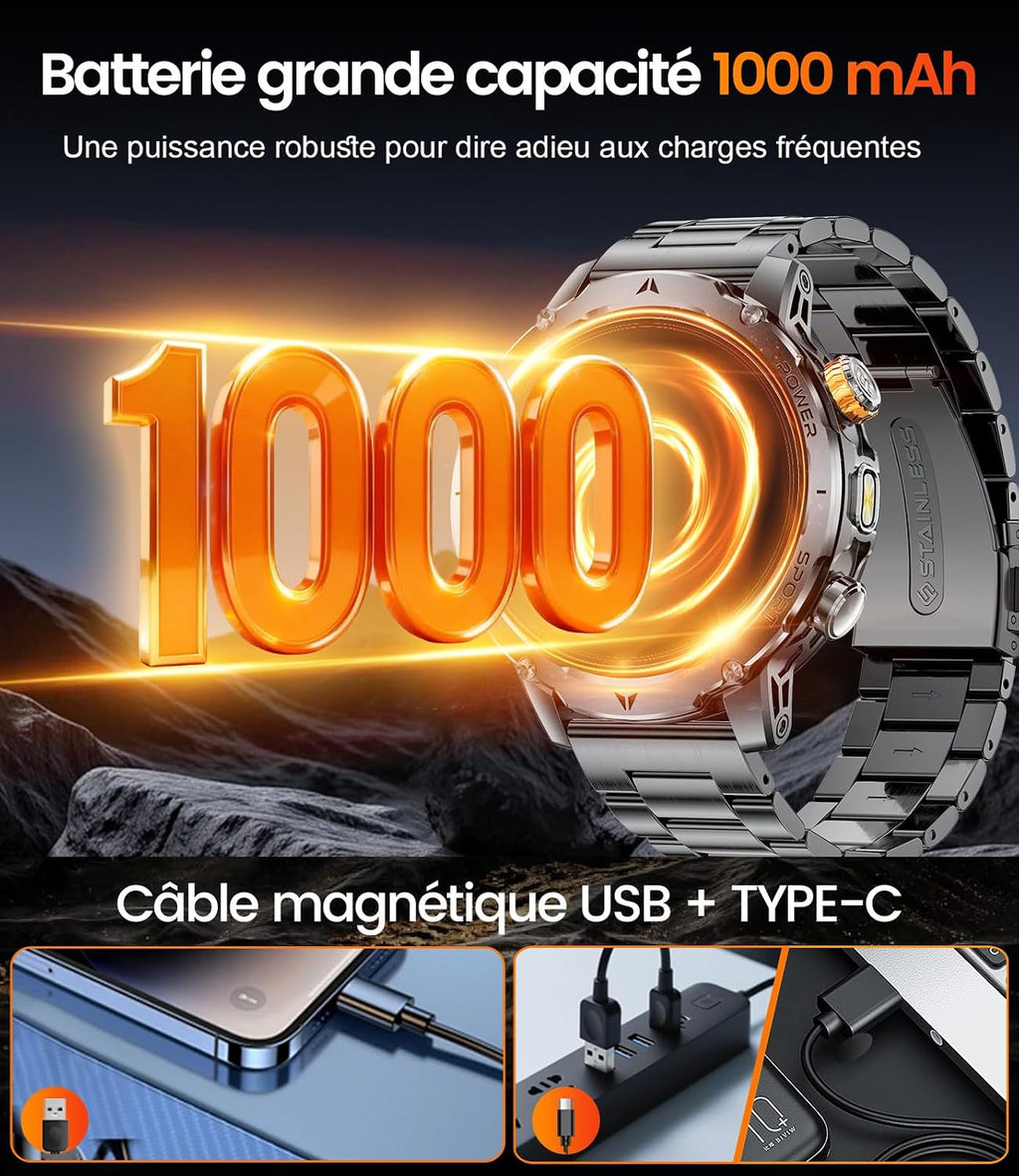 EF24 Montre Connectée Homme Militaire Avec Lampe Torche LED, Écran HD 1,85 Pouce, Batterie 1000Mah, 100 Modes Sportifs, IP68 Étanche, 3 Bracelets, Câble USB Et Type-C, Pour Android Ios (Noir)