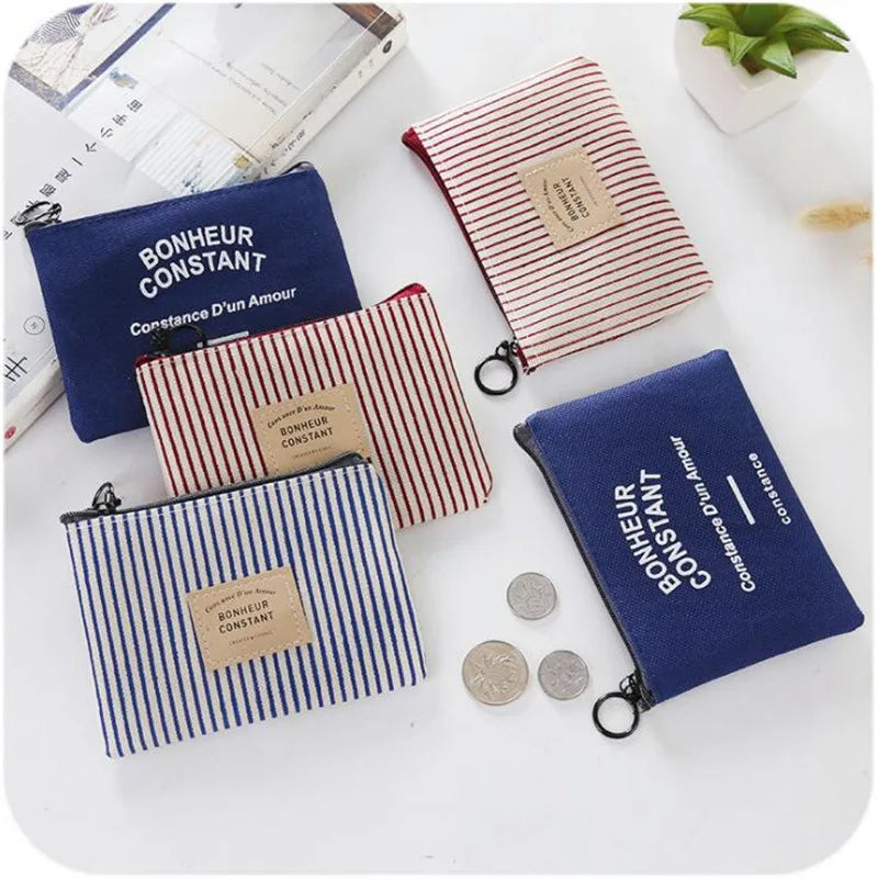 Unisex Canvas Coin Bag Purse Women Stripe Coin Money Card Holder Wallet Case Zipper Key Storage Pouch for Kid Girl Gift