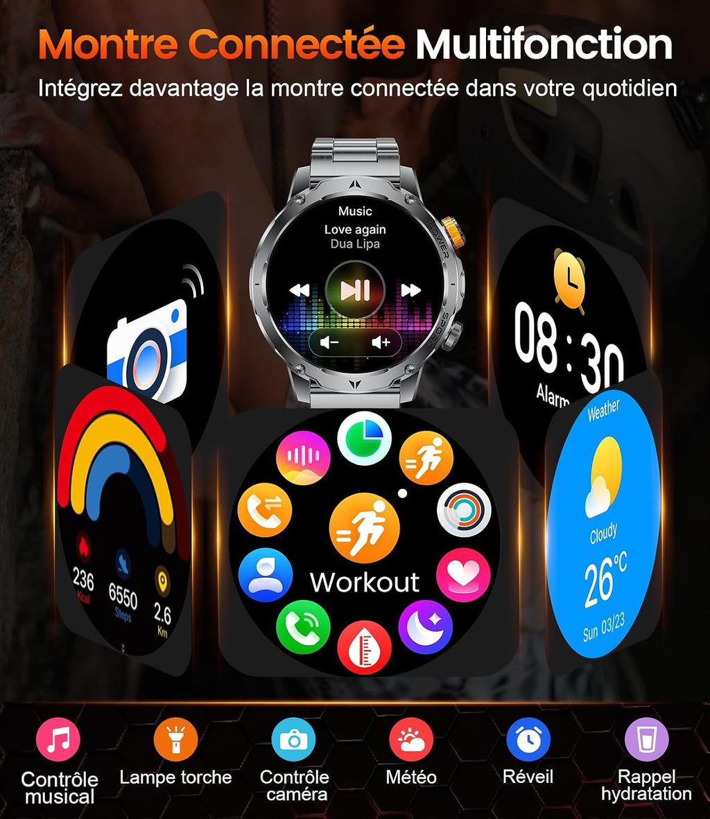 EF24 Montre Connectée Homme Militaire Avec Lampe Torche LED, Écran HD 1,85 Pouce, Batterie 1000Mah, 100 Modes Sportifs, IP68 Étanche, 3 Bracelets, Câble USB Et Type-C, Pour Android Ios (Noir)