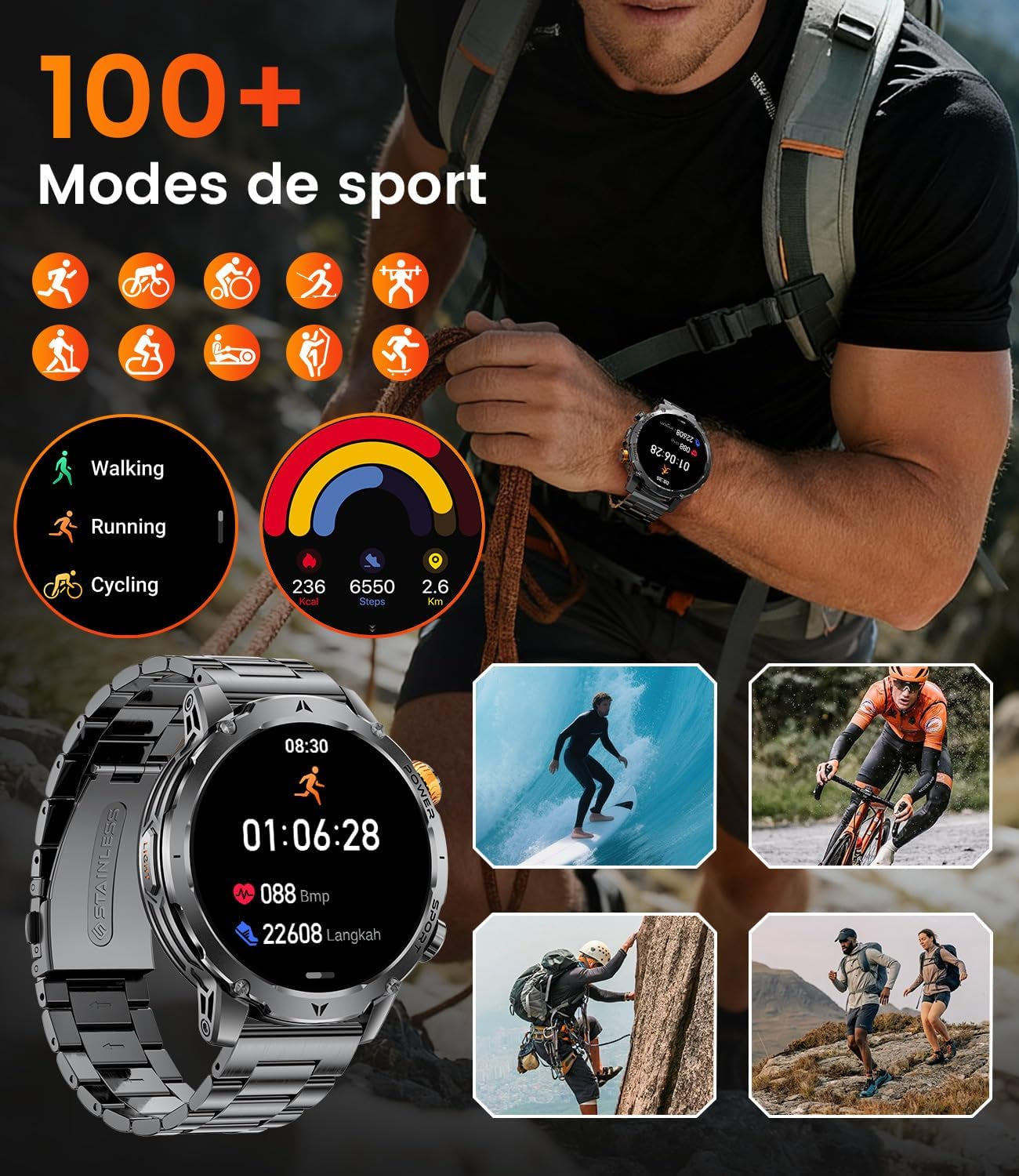 EF24 Montre Connectée Homme Militaire Avec Lampe Torche LED, Écran HD 1,85 Pouce, Batterie 1000Mah, 100 Modes Sportifs, IP68 Étanche, 3 Bracelets, Câble USB Et Type-C, Pour Android Ios (Noir)