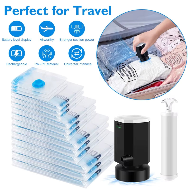Cordless Electric Pump for Vacuum Storage Bags Travel Rechargable Air Pump for Space Saver Bag Various Clothes Luggage Seal Bags