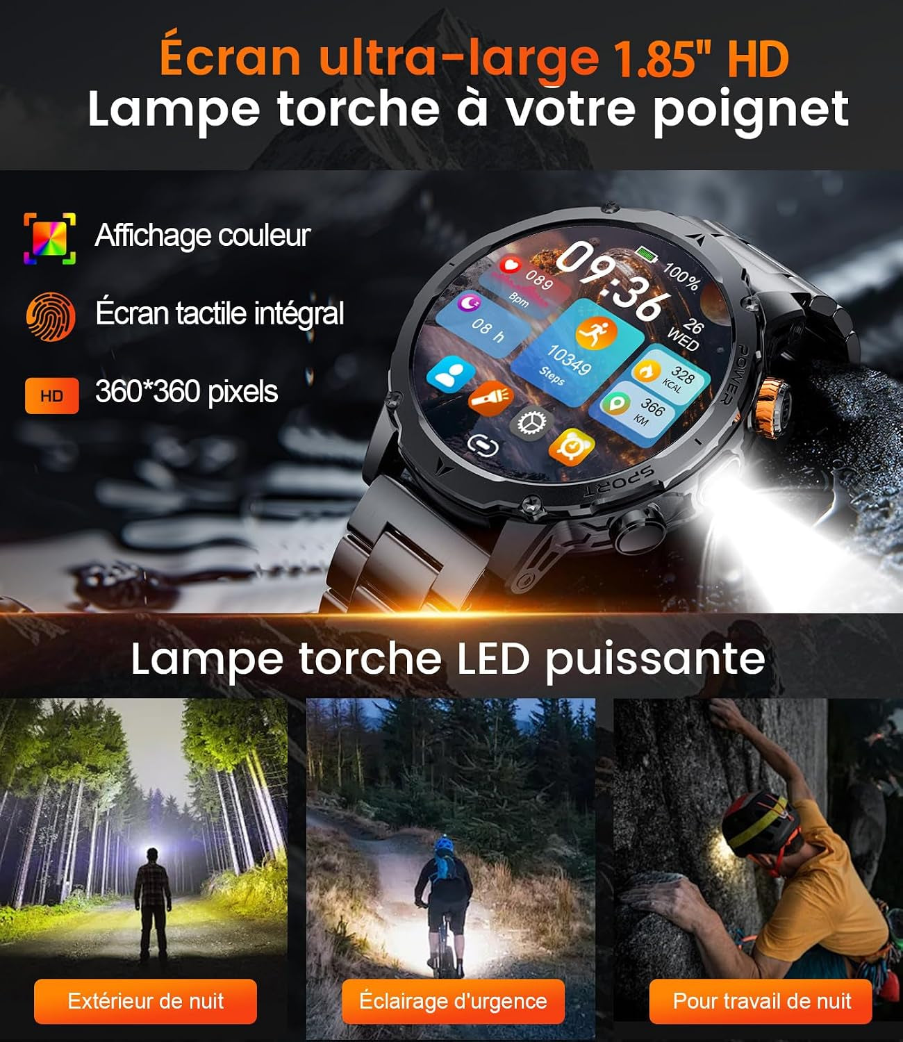 EF24 Montre Connectée Homme Militaire Avec Lampe Torche LED, Écran HD 1,85 Pouce, Batterie 1000Mah, 100 Modes Sportifs, IP68 Étanche, 3 Bracelets, Câble USB Et Type-C, Pour Android Ios (Noir)