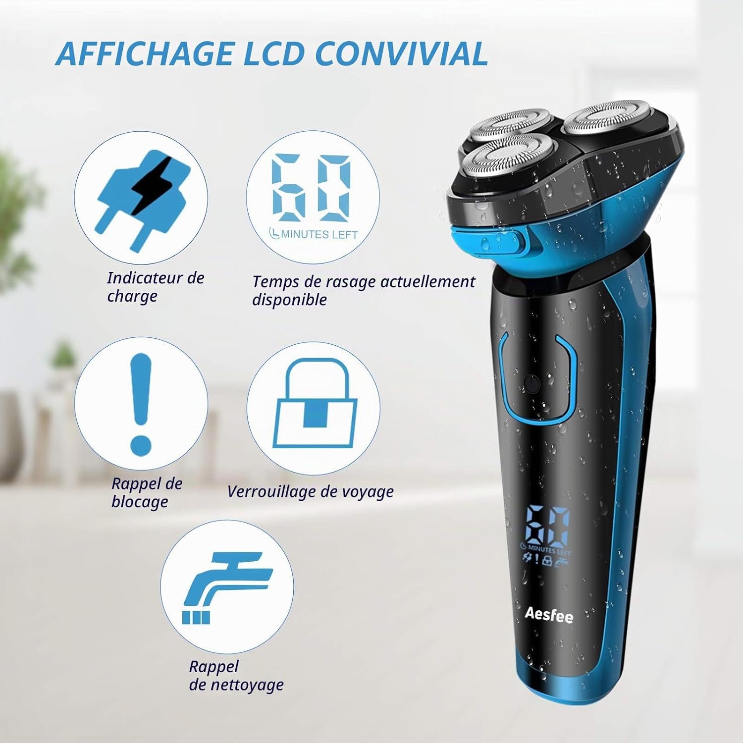 Rasoir Electrique Homme Rechargeable Etanche Wet&Dry Rasoir Electrique 3D Têtes Rotatives Tondeuse Barbe Avec Indicateur De Batterie, Serrure De Voyage