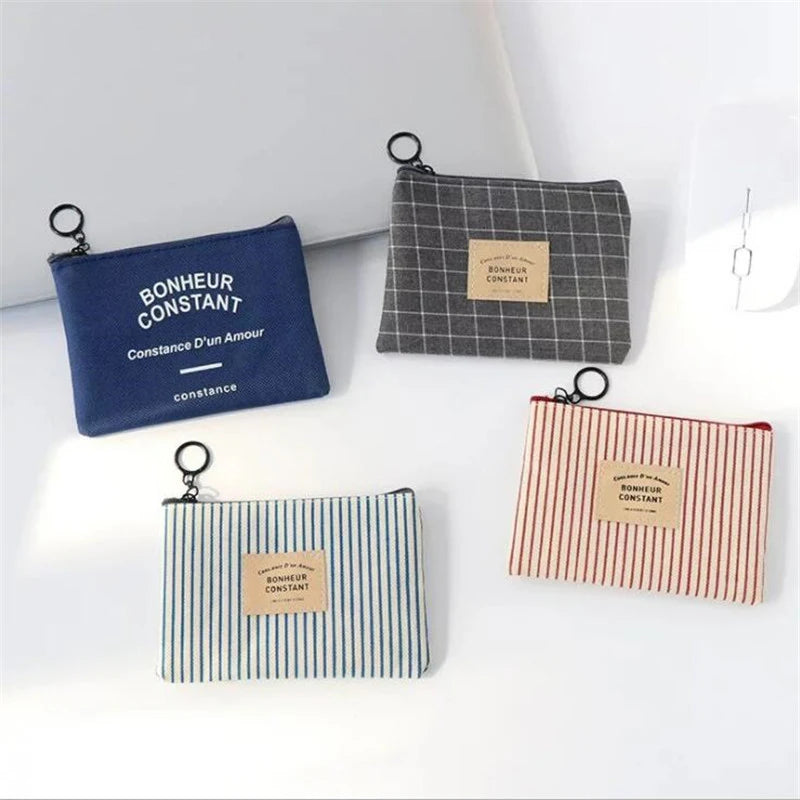 Unisex Canvas Coin Bag Purse Women Stripe Coin Money Card Holder Wallet Case Zipper Key Storage Pouch for Kid Girl Gift