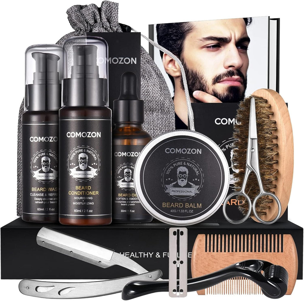 Kit Barbe Homme Complet 12 En 1, Rasoir, Rouleau Barbe, Lames Barbe | Kit De Soin Complet Contenir Huile Barbe, Shampoing Barbe, Crèmes De Barbe, Peigne, Brosse, Ciseaux, Idée Cadeau Pour Homme