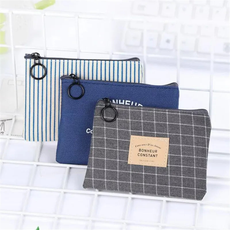 Unisex Canvas Coin Bag Purse Women Stripe Coin Money Card Holder Wallet Case Zipper Key Storage Pouch for Kid Girl Gift