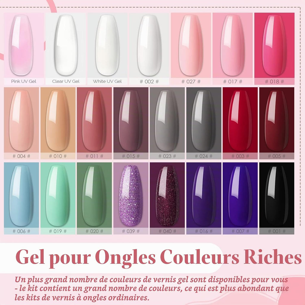 20Pcs Kit Uv Ongle Complet Kit Vernis Gel Semi Permanent 80W UV/LED Lampe Poly Extension Gel 12W Ponceuse À Ongle Ponçage Accessoires Remover Pad Nail Art Débutants Kit Manucure