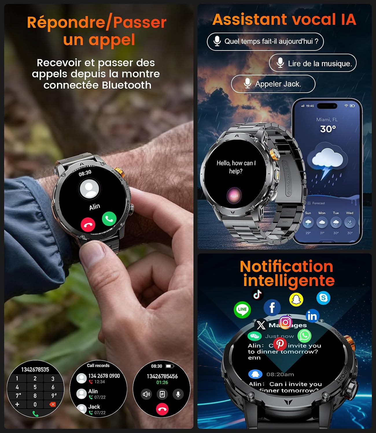 EF24 Montre Connectée Homme Militaire Avec Lampe Torche LED, Écran HD 1,85 Pouce, Batterie 1000Mah, 100 Modes Sportifs, IP68 Étanche, 3 Bracelets, Câble USB Et Type-C, Pour Android Ios (Noir)