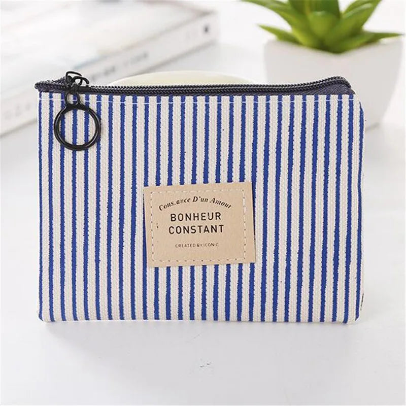 Unisex Canvas Coin Bag Purse Women Stripe Coin Money Card Holder Wallet Case Zipper Key Storage Pouch for Kid Girl Gift