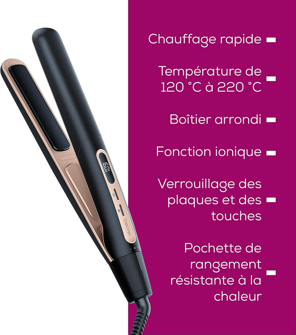 HS 100 Lisseur Avec Chauffage Rapide En 12 Secondes, Fer À Lisser Avec Revêtement Céramique, Fonction Ionique Pour Des Cheveux Brillants, Bords Arrondis Pour Les Styles De Boucles