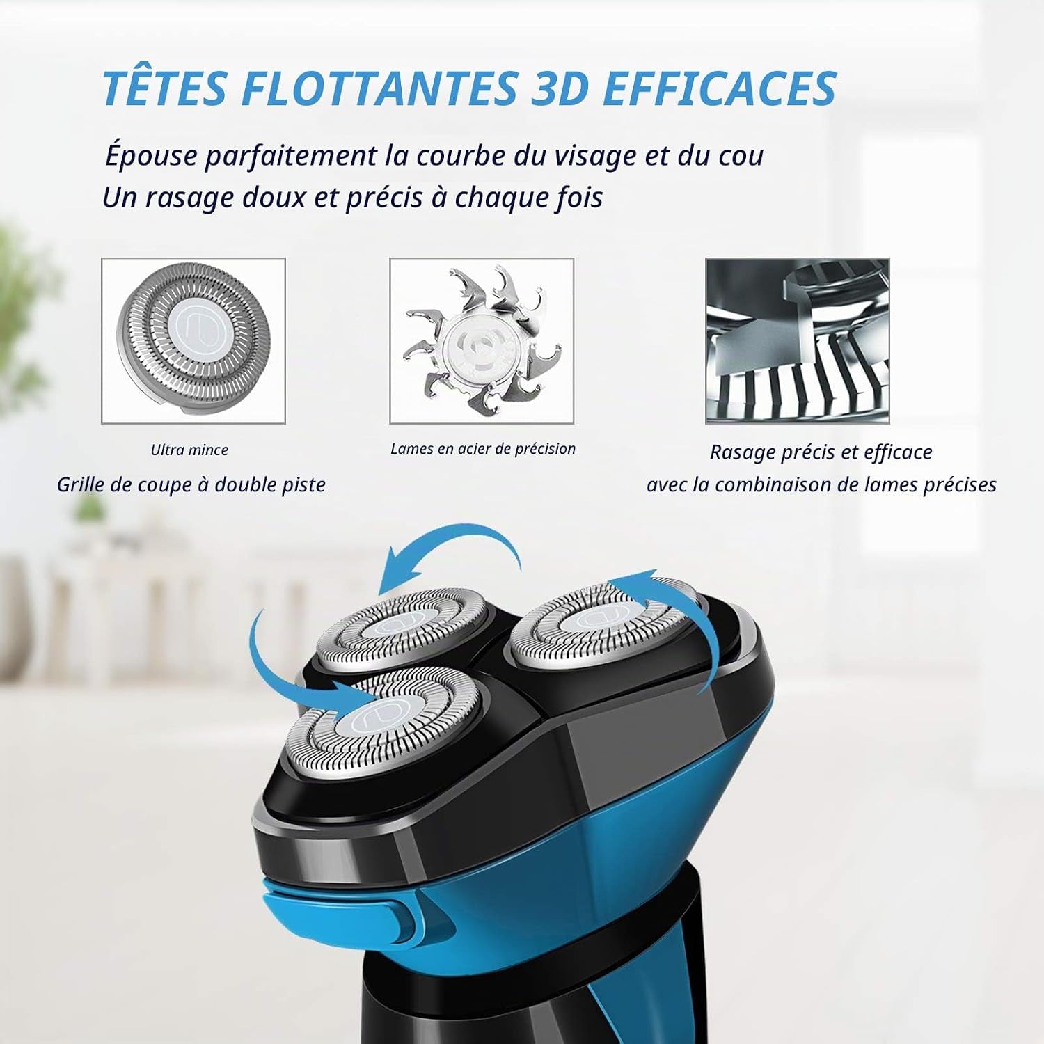 Rasoir Electrique Homme Rechargeable Etanche Wet&Dry Rasoir Electrique 3D Têtes Rotatives Tondeuse Barbe Avec Indicateur De Batterie, Serrure De Voyage