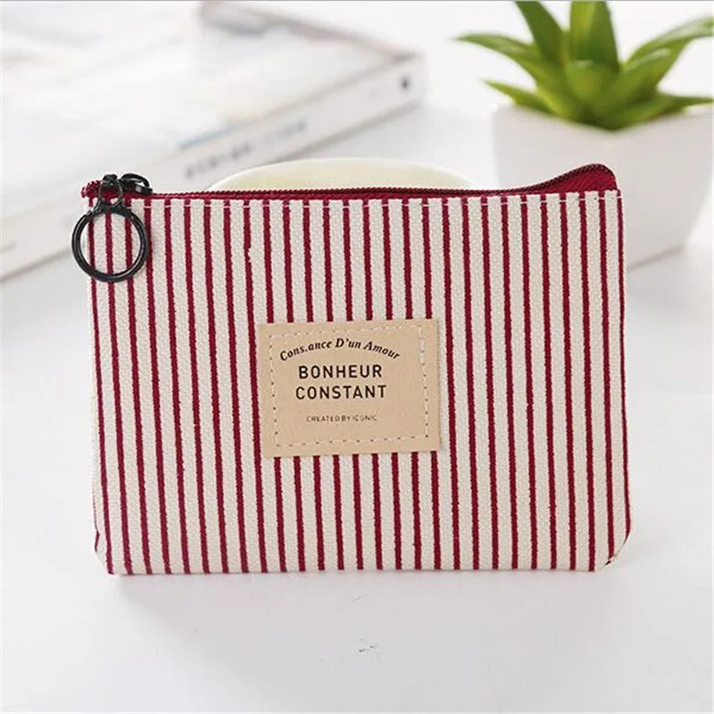 Unisex Canvas Coin Bag Purse Women Stripe Coin Money Card Holder Wallet Case Zipper Key Storage Pouch for Kid Girl Gift