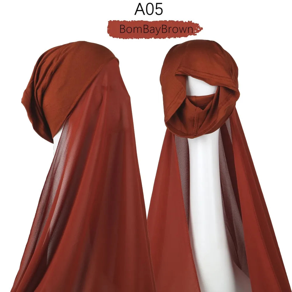 Instant Hijab with Cap Heavy Chiffon Jersey Hijab for Women Veil Muslim Fashion Islam Hijab Cap Scarf for Muslim Women Headscarf