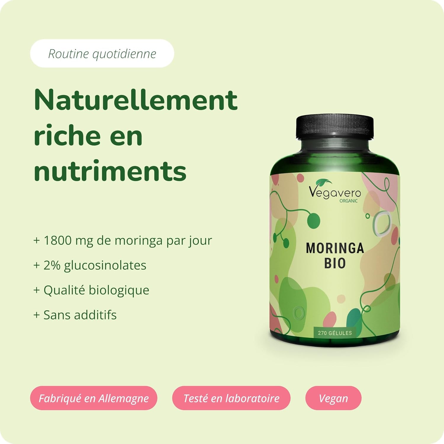 Moringa BIO 1800 Mg | 270 Gélules Vegan | SUPERFOOD : Multivitamines Et Minéraux Naturels | Antioxydant + Energie | SANS ADDITIFS | ®