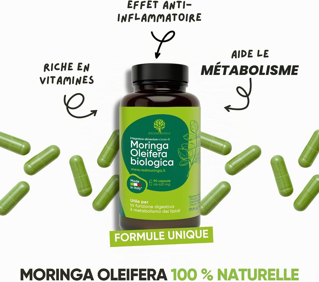 Moringa Bio | La Seule Moringa Biologique Produite En Italie | Véganes Sans Additifs | Super Antioxydant Riche En Vitamines Et Protéines Végétales | Haute Qualité  | 90 Gélules