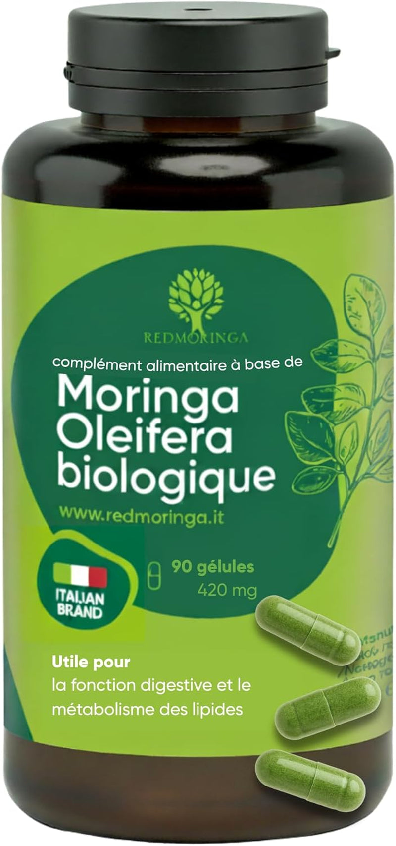 Moringa Bio | La Seule Moringa Biologique Produite En Italie | Véganes Sans Additifs | Super Antioxydant Riche En Vitamines Et Protéines Végétales | Haute Qualité  | 90 Gélules
