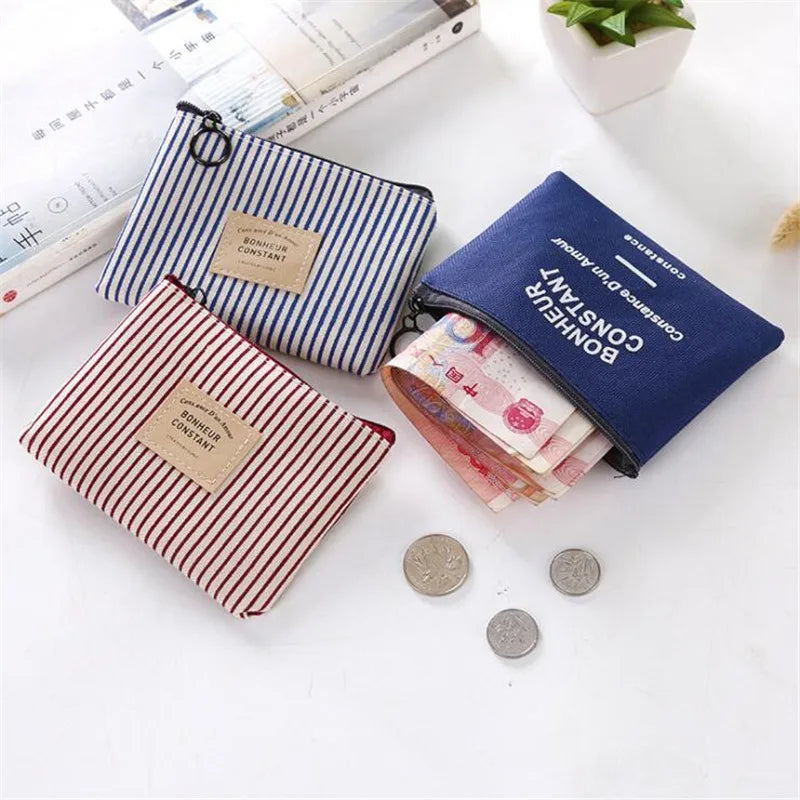 Unisex Canvas Coin Bag Purse Women Stripe Coin Money Card Holder Wallet Case Zipper Key Storage Pouch for Kid Girl Gift