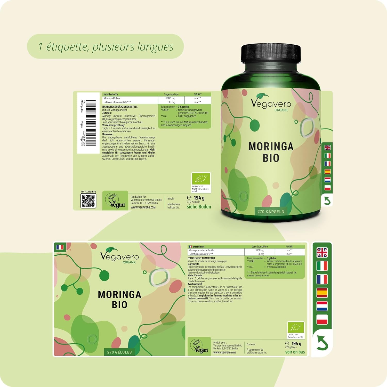 Moringa BIO 1800 Mg | 270 Gélules Vegan | SUPERFOOD : Multivitamines Et Minéraux Naturels | Antioxydant + Energie | SANS ADDITIFS | ®