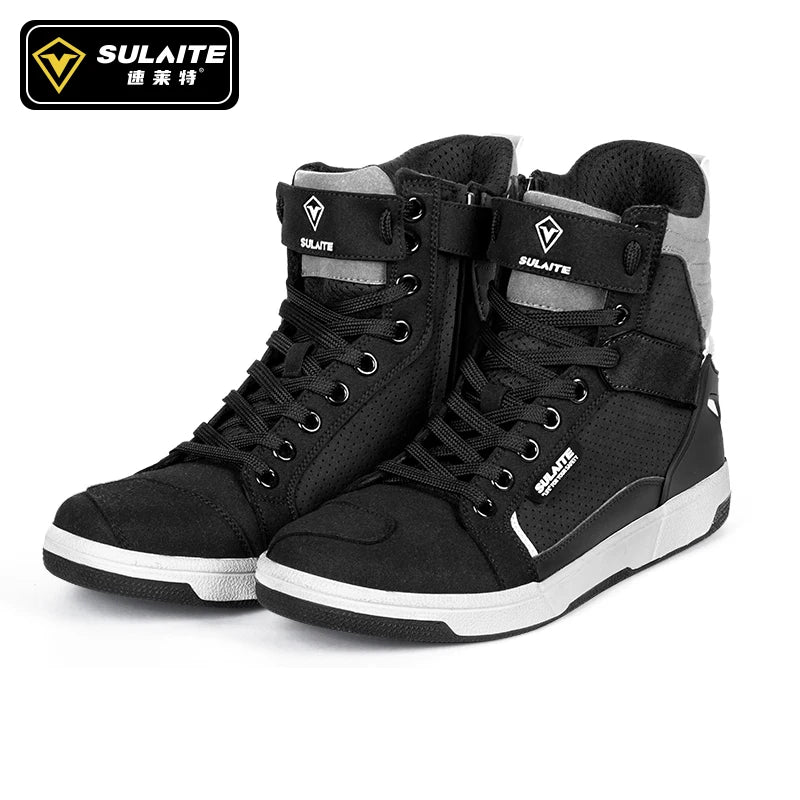 Men Motorcycle Boots Breathable Anti-Fall Rider Road Racing Casual Shoes Boots Gear Shift Rubber Sole Reflective Motorbike Shoes